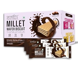 skyroots millet wafer biscuit chocolatecrispy amp crunchy snacknaturally gluten freeno maidamade with jowar amp bajraguilt-free anytime munchingpack of 20 x 25gmillet-based healthy cookies
