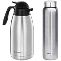 MILTON Aqua 1000 Single Walled Stainless Steel Fridge Water Bottle, 950ml, Silver &amp; Thermosteel Carafe Flask, 2 litres, Silver Combo
