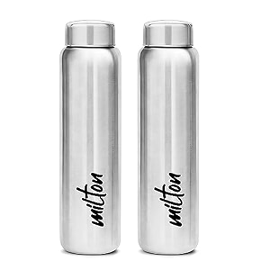 milton aqua 1000 stainless steel water bottle set of 2 920 ml each silver  100 leaf proof  office bottle  gym bottle  home  kitchen  hiking  treking bottle  travel bottle