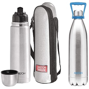 milton duo 2200 thermosteel 24 hours hot and cold water bottle with handle 202 litres silver amp milton thermosteel flip lid flask 1000 milliliters silver