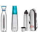 Milton Duo 2200 Thermosteel 24 Hours Hot and Cold Water Bottle with Handle, 2.02ltrs&amp;Milton Vertex Hot &amp; Cold Thermosteel Water Bottle, 750ml, Blue&amp;milton thermosteel flip lid Flask, 1000ml