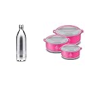 Milton Duo DLX 1000 Thermosteel 24 Hours Hot and Cold Water Bottle, 1 Litre, Silver &amp; Milton Divine Jr Inner Steel Casserole Gift Set of 3, Pink