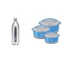 Milton Duo DLX 1000 Thermosteel 24 Hours Hot and Cold Water Bottle, 1 Litre, Silver &amp; MILTON Divine Jr Inner Steel Casserole Gift Set of 3, Blue