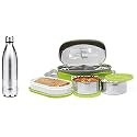 milton Duo DLX 750 thermosteel 24 Hours hot and Cold Water Bottle, 700 ml &amp; Executive Stainless Steel Plastic Soft Insulated Lunch Box (Green) -2 Container, 1 Microwave Safe Container