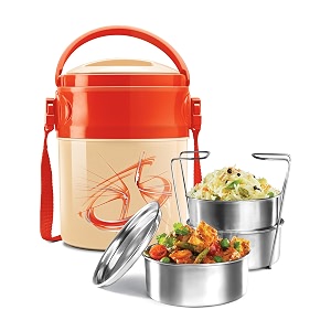 milton odyssey insulated tiffin 3 stainless steel containers 380 ml each and 1 papad box 200 ml ivory  pu insulated  food grade  easy to carry  hot amp cold  office  outdoors  food grade
