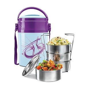 milton odyssey insulated tiffin 4 stainless steel containers 380 ml each and 1 papad box 200 ml blue  pu insulated  food grade  easy to carry  hot amp cold  office  outdoors  food grade