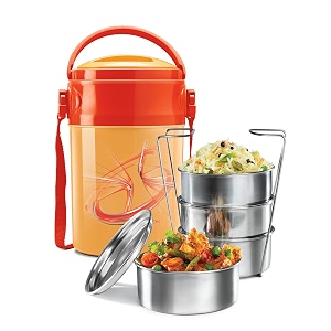 milton odyssey insulated tiffin 4 stainless steel containers 380 ml each and 1 papad box 200 ml orange  pu insulated  food grade  easy to carry  hot amp cold  office  outdoors  food grade