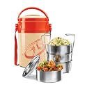 MILTON Odyssey Insulated Tiffin, 4 Stainless Steel Containers, 380 ml Each and 1 Papad Box, 200 ml, Ivory | PU Insulated | Food Grade | Easy to Carry | Hot &amp; Cold | Office | Outdoors | Food Grade