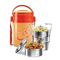 MILTON Odyssey Insulated Tiffin, 4 Stainless Steel Containers, 380 ml Each and 1 Papad Box, 200 ml, Orange | PU Insulated | Food Grade | Easy to Carry | Hot &amp; Cold | Office | Outdoors | Food Grade
