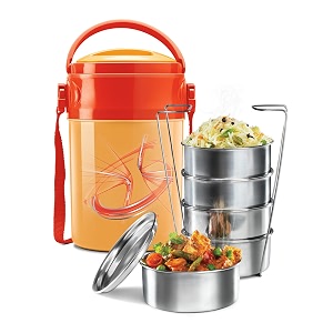 milton odyssey insulated tiffin 5 stainless steel containers 360 ml each orange  pu insulated  food grade  easy to carry  hot amp cold  office  outdoors
