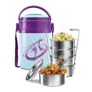 milton odyssey insulated tiffin 5 stainless steel containers 360 ml each blue  pu insulated  food grade  easy to carry  hot amp cold  office  outdoors