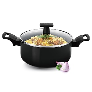milton pro cook granito non stick induction biryani pot with glass lid 22 cm 35 litres black  food grade  dishwasher  flame  hot plate safe