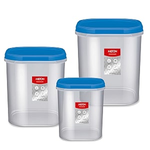 milton quadra modular multi-purpose plastic containers with lid set of 3 6l 8l 12l kitchen storage container set for spices atta grains organizers transparent dabba blue