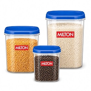 milton quadra modular multi-purpose plastic containers with lid set of 3 18l 27l 37l kitchen storage container set for spices atta grains organizers transparent dabba blue