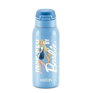 milton sportive 400 thermosteel vacuum insulated water bottle 400 ml hot amp cold spill amp leakproof water bottle for kids school travel bottle sky blue with barbie print