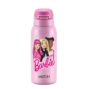 milton sportive 400 thermosteel vacuum insulated water bottle 400 ml hot amp cold spill amp leakproof water bottle for kids school travel bottle pink with barbie print