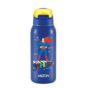 milton sportive 400 thermosteel vacuum insulated water bottle 400 ml hot amp cold spill amp leakproof water bottle for kids school travel bottle mono blue with superman print