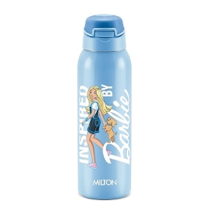 milton sportive 600 thermosteel vacuum insulated water bottle 580 ml hot amp cold spill amp leakproof water bottle for kids school travel bottle sky blue with barbie print