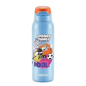 milton sportive 600 thermosteel vacuum insulated water bottle 580 ml hot amp cold spill amp leakproof water bottle for kids school travel bottle sky blue with looney tunes print