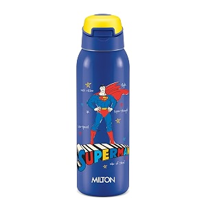 milton sportive 600 thermosteel vacuum insulated water bottle 580 ml hot amp cold spill amp leakproof water bottle for kids school travel bottle mono blue with superman print