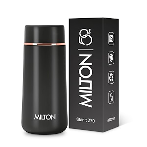 milton starlit 270 thermosteel compact isi certified water bottle vacuum insulated hot and cold i ss304 stainless steel leak proof i 260 ml black