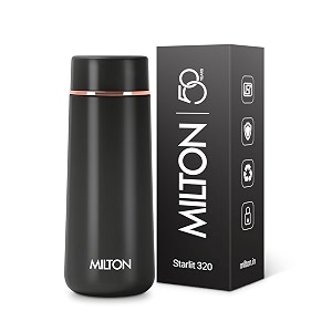 milton starlit 320 thermosteel compact isi certified water bottle vacuum insulated hot and cold i ss304 stainless steel leak proof i 310 ml black