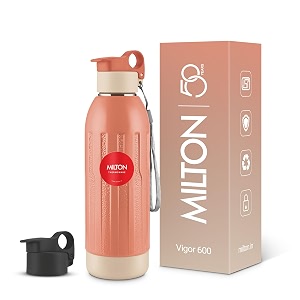 milton steel vigor 600 thermoware pu insulated two leak proof lid water bottle for office gym school 520 ml orange