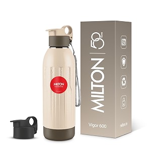milton steel vigor 600 thermoware pu insulated two leak proof lid for office gym school 520 ml beige