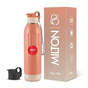 milton steel vigor 900 thermoware pu insulated two leak proof lid water bottle for office gym school 630 ml orange