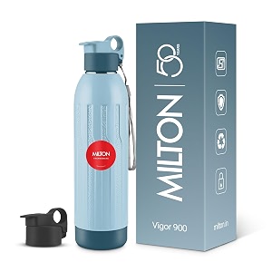 milton steel vigor 900 thermoware pu insulated two leak proof lid water bottle for office gym school 630 ml light blue
