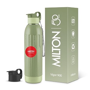 milton steel vigor 900 thermoware pu insulated two leak proof lid water bottle for office gym school 630 ml military green