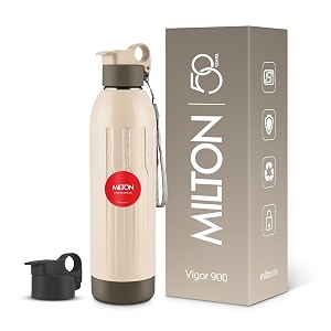 milton steel vigor 900 thermoware pu insulated two leak proof lid water bottle for office gym school 630 ml beige