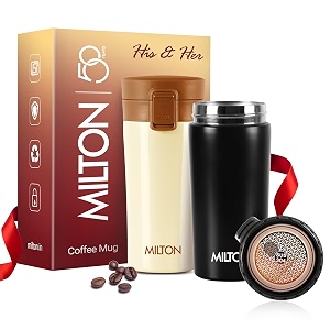 milton his n her gift set i thermosteel vacuum insulated stainless steel couple coffee mug for travel with strainer isi certified hot amp cold anti skid bottom set of 2300 mlivory amp black