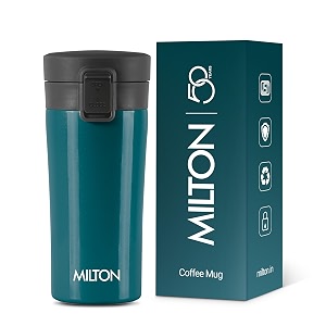 milton thermosteel vacuum insulated stainless steel coffee mug travel with strainer isi certified hot amp cold anti skid bottom spill proof and rustproof 350 ml teal blue