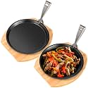 Mimorou 2 Set 10.3 Inch Cast Iron Fajita Plate Set with Wooden Base Anti Scald Protection Removable Handle Fajita Plate Sizzling Pan Cast Iron Skillets Sets for Home Restaurant Kitchen BBQ Cooking