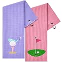 Mindsoft 2 Pieces Funny Golf Towel Microfiber Embroidered Ball Towels for Women Ball Bags with Clips Accessories Waffle Pattern for Golf Fan Mother Birthday Gifts (Pink Purple,Elegant Style)