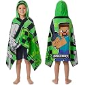 Minecraft Towelling Poncho Kids Teens Hooded Bath Towels Absorbent Beach Towel (Green/Black, 6-14 Years)