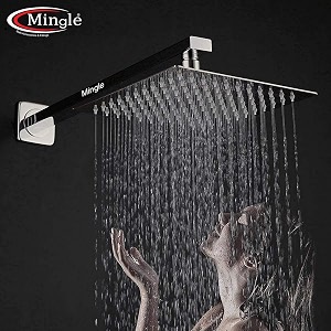 mingle mirror stainless steel 304 square shower ultra slim high pressure rainfall shower head for bathroom with arm shower pack of 1 10 inch  12 inch am  hand shower