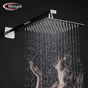 mingle mirror stainless steel 304 square shower ultra slim high pressure rainfall shower head for bathroom with arm shower pack of 1 12inch  24inch am