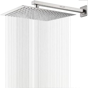 mingle mirror stainless steel 304 square shower ultra slim high pressure rainfall shower head for bathroom with arm shower pack of 1 10 inch  12 inch am  hand shower