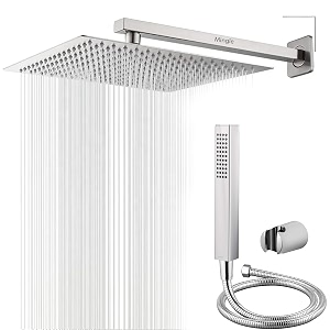 mingle mirror stainless steel 304 square shower ultra slim high pressure rainfall shower head for bathroom with arm shower pack of 1 10 inch  12 inch am  hand shower