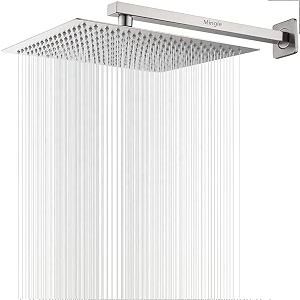 mingle mirror stainless steel 304 square shower ultra slim high pressure rainfall shower head for bathroom with arm shower pack of 1 10 inch  12 inch am  hand shower