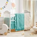 Mini Crib Bedding Set 3 Pieces Baby Boho Quilted Tufted Ruffles Comforter with Fitted Sheet and Ruffled Bed Skirt - Cute Shabby Baby Bedding Fits Mini Crib Only Teal Blue