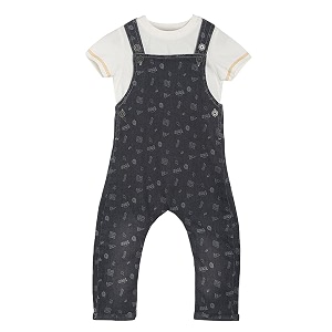 miniklub baby round neck short sleeve woven cotton dungaree set pack of 2 white color
