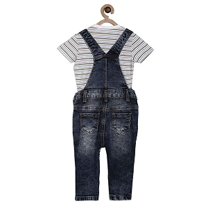 miniklub baby round neck short sleeve woven cotton dungaree set pack of 2 white color