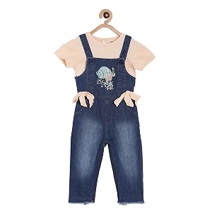 miniklub girls blue amp peach-coloured solid t-shirt with dungaree