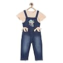 miniklub Girls Blue &amp; Peach-Coloured Solid T-Shirt With Dungaree