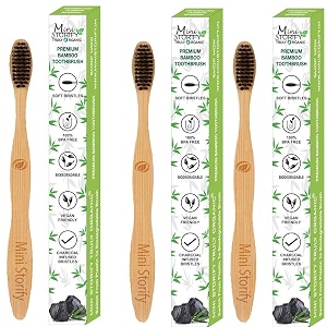 mini storify - natural amp organic bamboo wooden toothbrush for adults - pack of 3 - wood tooth brushes for teeth with activated charcoal and biodegradable handlesoft bristleseco-friendlybpa free