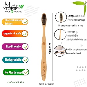 mini storify - natural amp organic bamboo wooden toothbrush for adults - pack of 1 - wood tooth brushes for teeth with activated charcoal and biodegradable handlesoft bristleseco-friendlybpa free
