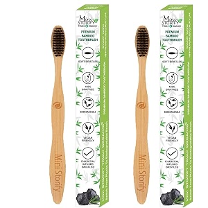 mini storify - natural amp organic bamboo wooden toothbrush for adults - pack of 2 - wood tooth brushes for teeth with activated charcoal and biodegradable handlesoft bristleseco-friendlybpa free